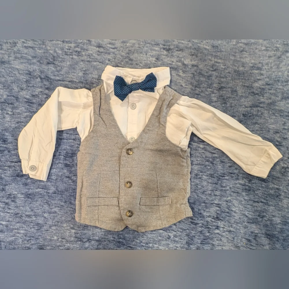 12M Kids Suspenders And Bow Tie Outfit with Red Pants and Gray Vest